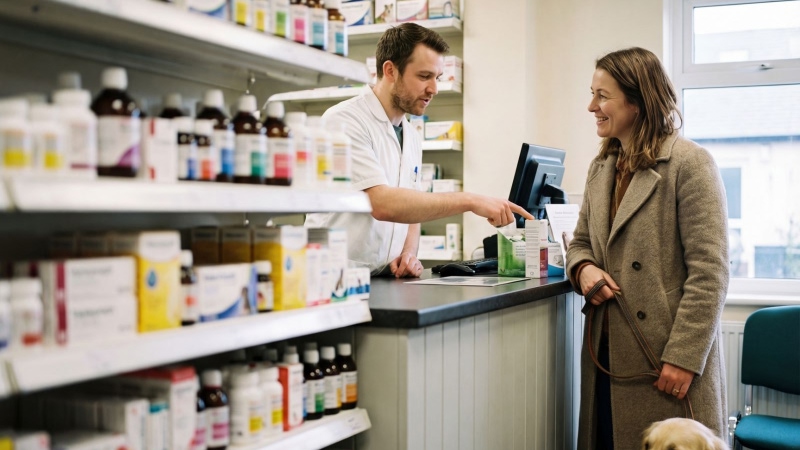 женщина выбирает препарат в аптеке